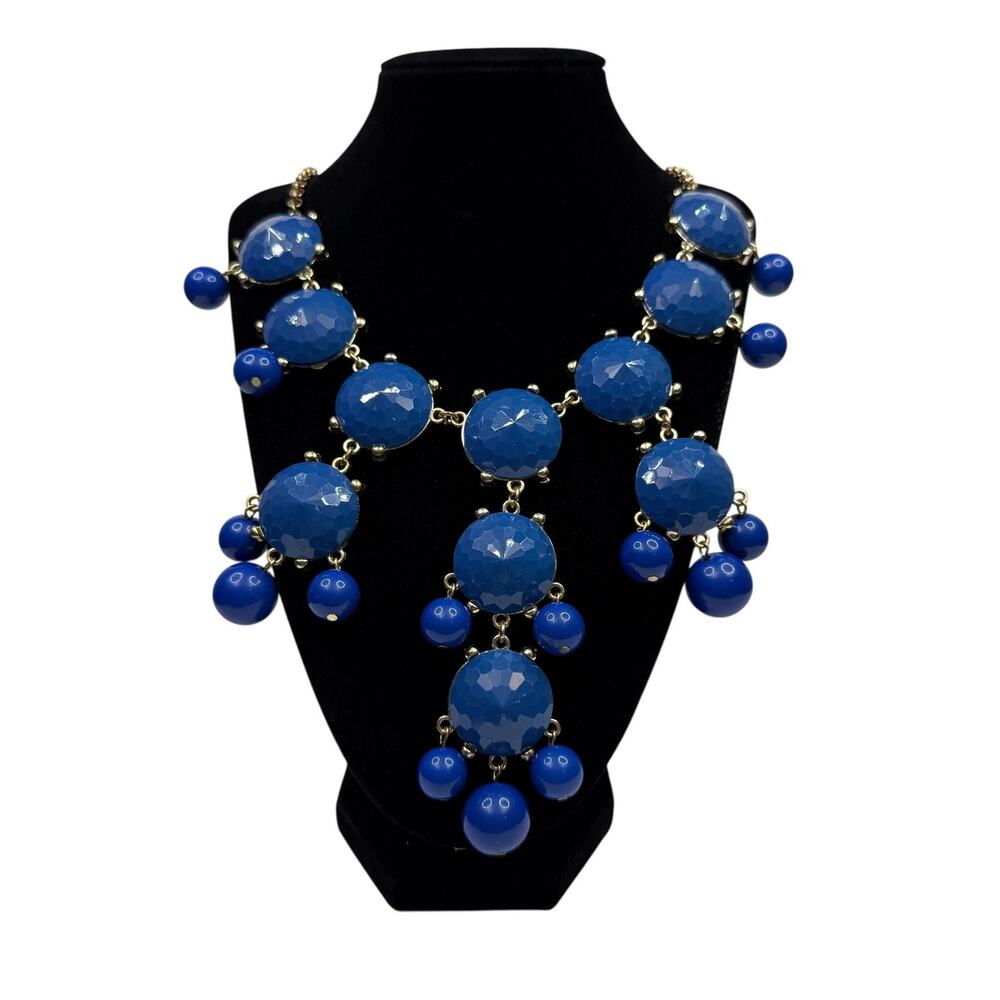 Chunky Blue Faceted Acrylic Bib Statement Necklace Gold Tone Jewelry 20 in